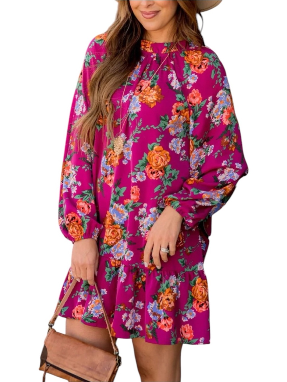 JODIFL L Magenta Floral Bunches Ruffle Mini Dress NWOT